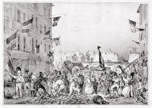 Barrikad vid Rue Dauphine, 29 juli 1830, graverad av H. Delaporte