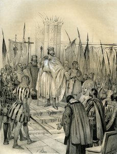 Kröning av Hugues Capet (941-996) i Noyon år 987. Denna kröning markerade början på Capetians dynasti, kungar av Frankrike som återfick, i direkt eller indirekt tronföljd, i 8 år. Gravyr av Victor Adam (1801-1866) i boken "Frankrike under av Victor Adam