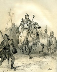 Kejsar Charlemagne, som bär maktens emblem, rider i spetsen för sina trupper soldater i rustning. Gravyr av Victor Adam (1801-1866) i boken "France in the Middle Ages" som gavs ut av bröderna Ardant i mitten av 1800-talet. av Victor Adam