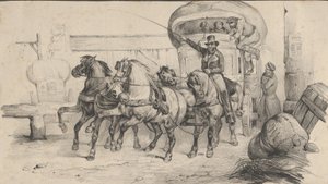 Fem hästar som drar en vagn med passagerare, mitten av 1800-talet.