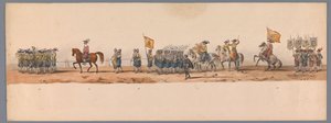 Historisk procession vid det andra hundraårsjubileet av Utrecht University of Applied Sciences, 1836 (skylt 7) Nederländska arméernas närmande till Oostende den 3 juli 1600, dagen efter segern vid Nieuwpoort; enligt den av H H Student givna kostymframställ av Victor Adam