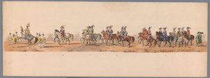 Historisk procession vid Utrechts universitets andra hundraårsjubileum, 1836 (skylt 8) Nederländska arméns mars till Ostende den 3 juli 1600, dagen efter segern vid Nieuwpoort; enligt den klädda föreställningen som H H Student gav av Victor Adam