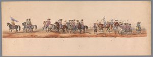 Historisk procession vid det andra hundraårsjubileet av Utrecht University of Applied Sciences, 1836 (skylt 5) Nederländska arméernas närmande till Oostende den 3 juli 1600, dagen efter segern vid Nieuwpoort; enligt den av H H Student givna kostymframställ av Victor Adam