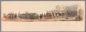Historisk procession vid det andra hundraårsjubileet av Utrecht University of Applied Sciences, 1836 (skylt 10) Nederländska arméernas närmande till Oostende den 3 juli 1600, dagen efter segern vid Nieuwpoort; enligt den kostymerade presentationen, given a av Victor Adam