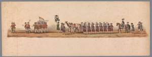 Historisk procession vid det andra hundraårsjubileet av Utrecht University of Applied Sciences, 1836 (skylt 3) Nederländska arméernas närmande till Oostende den 3 juli 1600, dagen efter segern vid Nieuwpoort; enligt den av H H Student givna kostymframställ av Victor Adam