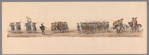 Historisk procession vid det andra hundraårsjubileet av Utrecht University of Applied Sciences, 1836 (skylt 4) Nederländska arméernas närmande till Oostende, den 3 juli 1600, dagen efter segern vid Nieuwpoort; enligt den av H H Student givna kostymframstäl av Victor Adam