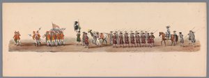 Historisk procession vid det andra hundraårsjubileet av Utrecht University of Applied Sciences, 1836 (skylt 3) Nederländska arméernas närmande till Oostende, den 3 juli 1600, dagen efter segern vid Nieuwpoort; enligt den av H H Student givna kostymframstäl av Victor Adam