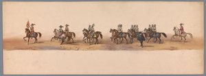 Historisk procession vid det andra hundraårsjubileet av Utrecht University of Applied Sciences, 1836 (skylt 2) Nederländska arméernas närmande till Oostende den 3 juli 1600, dagen efter segern vid Nieuwpoort; enligt den av H H Student givna kostymframställ av Victor Adam
