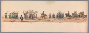 Historisk procession vid det andra hundraårsjubileet av Utrecht University of Applied Sciences, 1836 (skylt 9) Nederländska arméernas närmande till Oostende, den 3 juli 1600, dagen efter segern vid Nieuwpoort; enligt den av H H Student givna kostymframstäl av Victor Adam