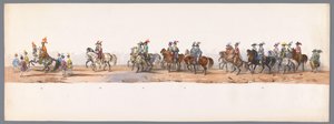 Historisk procession vid det andra hundraårsjubileet av Utrecht University of Applied Sciences, 1836 (skylt 8) Nederländska arméernas närmande till Oostende den 3 juli 1600, dagen efter segern vid Nieuwpoort; enligt den av H H Student givna kostymframställ av Victor Adam