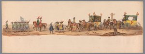 Historisk procession vid det andra hundraårsjubileet av Utrecht University of Applied Sciences, 1836 (skylt 6) Nederländska arméernas närmande till Oostende den 3 juli 1600, dagen efter segern vid Nieuwpoort; enligt den av H H Student givna kostymframställ av Victor Adam