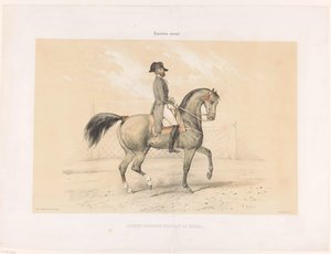 Laurent Franconi rider sitt sto Norma Laurent Franconi Montant la Norma. (titel på objekt) Hästar och ryttare på kapplöpningsbanan (serietitel) Hippodrôme national (serietitel på objekt) av Victor Adam