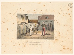 Rekruut verzorgt en paard Beväring av tålamod och märg i benen (titel på objekt) Militära scener (serietitel) Militära scener (serietitel) av Victor Adam