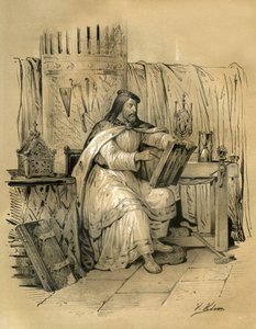 Saint Eloi (v.588-660) guldsmed och tresorier hos frankernas kung Dagobert 1, sedan eveque av Noyon från 641 till sin död. Gravyr av Victor Adam (1801-1866) i boken "France in the Middle Ages" utgiven av bröderna Ardant i mitten av 1800-talet av Victor Adam