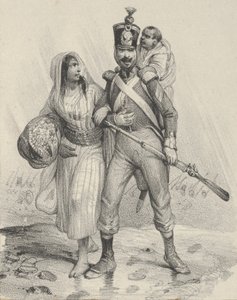 Soldat med en kvinna på armen och ett barn på ryggen, mitten av 1800-talet.. av Victor Adam