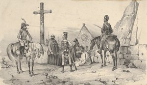 Soldater samlades framför en kyrka med präster och ett krucifix, mitten av 1800-talet. av Victor Adam