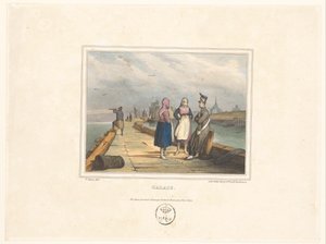 Två flickor och en soldat på bryggan i Calais Calais (titel på objekt) Dräkter för invånarna i hamnstäderna (serietitel) Costumes de marins, dessinés dans les ports (serietitel) av Victor Adam