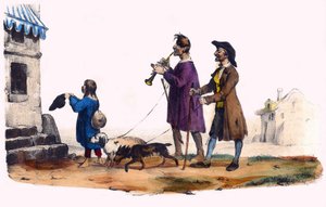 Två blinda ledda av hundar och ett tiggarbarn. I "" Album Grotesque, Choices of Outstanding Types", illustrationer av Victor Adam, Paris, cirka 1850. av Victor Adam