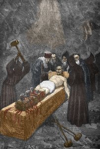 Fall av Posssedes of Loudun (demoner de Loudun) omkring 1630: häxjakt, den franske prästen Urbain Grandier (1590-1634) som påstås ingå en pakt med djävulen och anklagar för att ha förhäxat nunnor, är tortyr till broderi - (Urbain) Grandier, franska