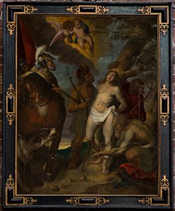 Församlingskyrka (Parochiekerk Sint-Walburga). Målning.Victor Boucquet (?). Sankt Sebastian. Olja på panel. av Victor Boucquet