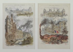 Utsikt över Tuileripalatset och Hotel de Ville före och efter bränderna 1871 av Victor Coindre