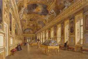 Utsikt över det stora galleriet Apollon vid Louvren (olja på duk) av Victor Duval
