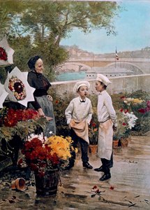 Skyddsfesten Lärlingar florister och en blomsteraffär på hamnen. Gravyr efter målningen av Victor Gabriel Gilbert (1847-1933) 1800-talet. Paris, dekorativ konst