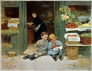 Tour honom. Barn äter rostat bröd framför sin mammas matvaror. Den lilla flickan har en docka på knäna. Målning av Victor Gilbert (1847-1935). Paris, Dekorativ konst av Victor Gabriel Gilbert