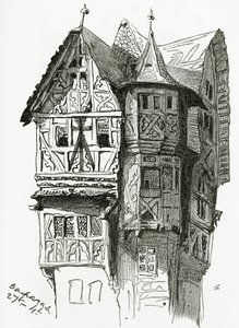 Hus i Bacharach vid floden Rhen, 1800-talet (bw gravyr) av Victor Hugo