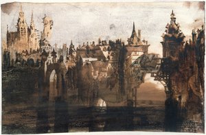 Stad med en bruten bro (grafit, indiskt bläck och sepia på papper)
