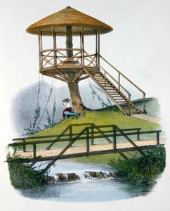 En hydda och en rustik bro i Parc de la Motte, Bourgogne, illustration från "Habitations Champetres", Paris, ca 1895 (kromolit).