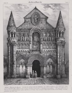 Romansk fasad av kyrkan Notre Dame la Grande, Poitiers, Frankrike (litho)