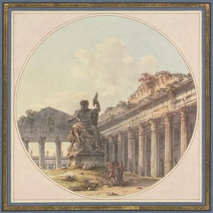 Arkitektoniskt capriccio: Interiör av en tempelruin med en staty av Jupiter Tonans och staffagefigurer av Victor Jean Nicolle