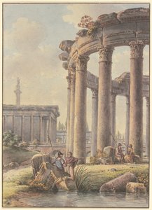 Arkitektoniskt capriccio: ruiner av ett rundtempel, med Trajanuskolonnen i bakgrunden av Victor Jean Nicolle