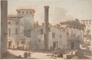 Utsikt över Forum Romanum med Fokaskolonnen och Saturnustemplet av Victor Jean Nicolle