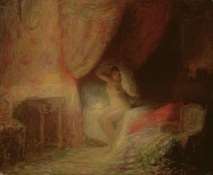 Sovrumsscen badad i ljus (olja på kort) av Victor Lecomte