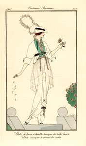 Kvinna i linneklänning med dubbel tunika i broderad tyll, liten casaquejacka fodrad med satin. Robe de linon en dubbel tunique de tylle brode, petite casaque och revers de satin. Handkolorerad pochoir (stencil) etsning efter illustration av Victor Lhu