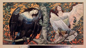 Sirin och Alkonost, A Song Of Joy And Sorrow (Sirin and Alkonost, A Song Of Joy And Sorrow) Profetiska fåglar med ett kvinnoansikte från rysk folklore - Konstverk av Viktor Mikhaylovich Vasnetsov (1848-1926), akvarell på papper