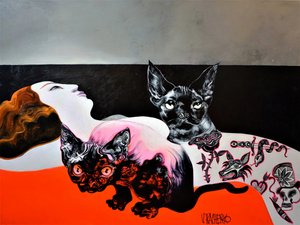 Sfinxkatter och en kvinna