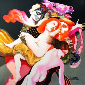 Surrealistiska figurer omfamnar varandra