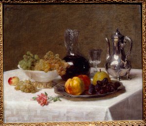 Bordshörna Stilleben av frukt (druvor, kvitten och päron), bestick och vinkanna. Målning av Victoria Dubourg (1840-1926) 1900-talet sön. 0,52x0,63 m Grenoble, Musee des Beaux Arts av Victoria Dubourg