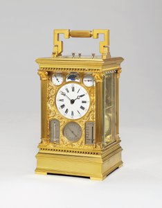 Fransk mässing grande sonnerie åtta dagars vagnklocka med full kalender, månfas, barometer och termometer, ca 1880 av Victorien Boseet