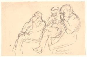 Figurskiss. Tre sittande män: Fr. Henningsen, Aarsleff och P. Johansen av Viggo Johansen