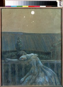 ""Sorgen"" (Sorrow) En desperat ung flicka lutad mot ett räcke. Akvarell och pastell av Viktor (Victor) Elpidiforovich Borisov-Musatov (Borisov Musatov) (1870-1905) (symbolism) 1903 Statens museum för historia och konst Serpukhov (Serpukhov).