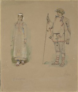 Snow Maiden och Lel. Kostymdesign för operan Snow Maiden av N. Rimsky-Korsakov, 1885 av Viktor Mikhaylovich Vasnetsov