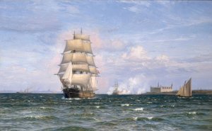 Dansk pråm framför Kronborgs slott och Helsingör i fjärran av Vilhelm Arnesen