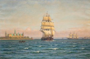 Segelfartyg och en färja utanför Kronborg. av Vilhelm Arnesen