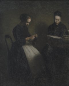 Kväll i salongen. Konstnärens mor och hustru av Vilhelm Hammershøi