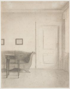 Inredning med soffa och litet bord, t.h. en dörr av Vilhelm Hammershøi
