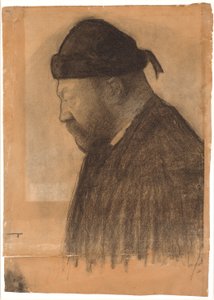 Porträtt av Thorvald Bindesbøll i profil till vänster av Vilhelm Hammershøi